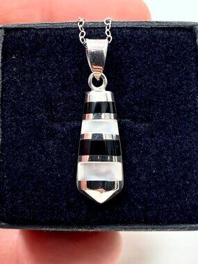 925 Sterling Silver Genuine Onyx & MOP Necklace (16 inch)